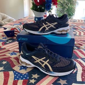 ASICS Gel Kayano 26, size 9 1/2. Midnight/ frosted almond.